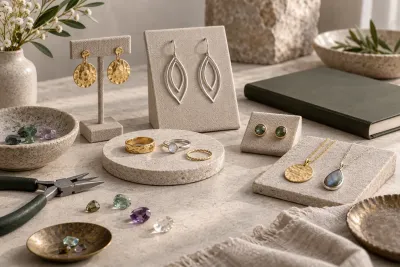 Earrings, rings and pendants on display stands beside gemstones and a maker's tools