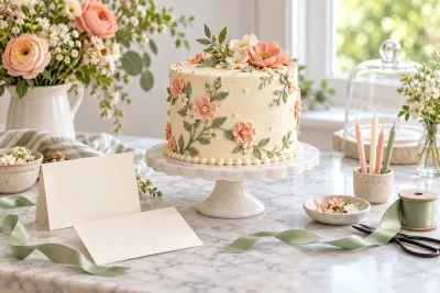 A cream-coloured cake with pink and white floral decoration on a stand, with candles, cards and green ribbon on the table