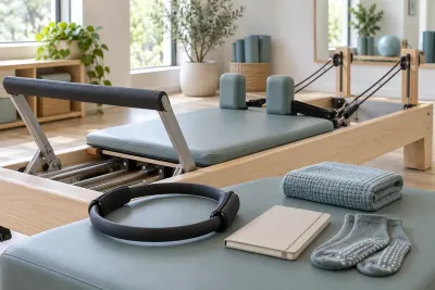 A reformer in a bright Pilates room with a ring, towel, notebook and grip socks