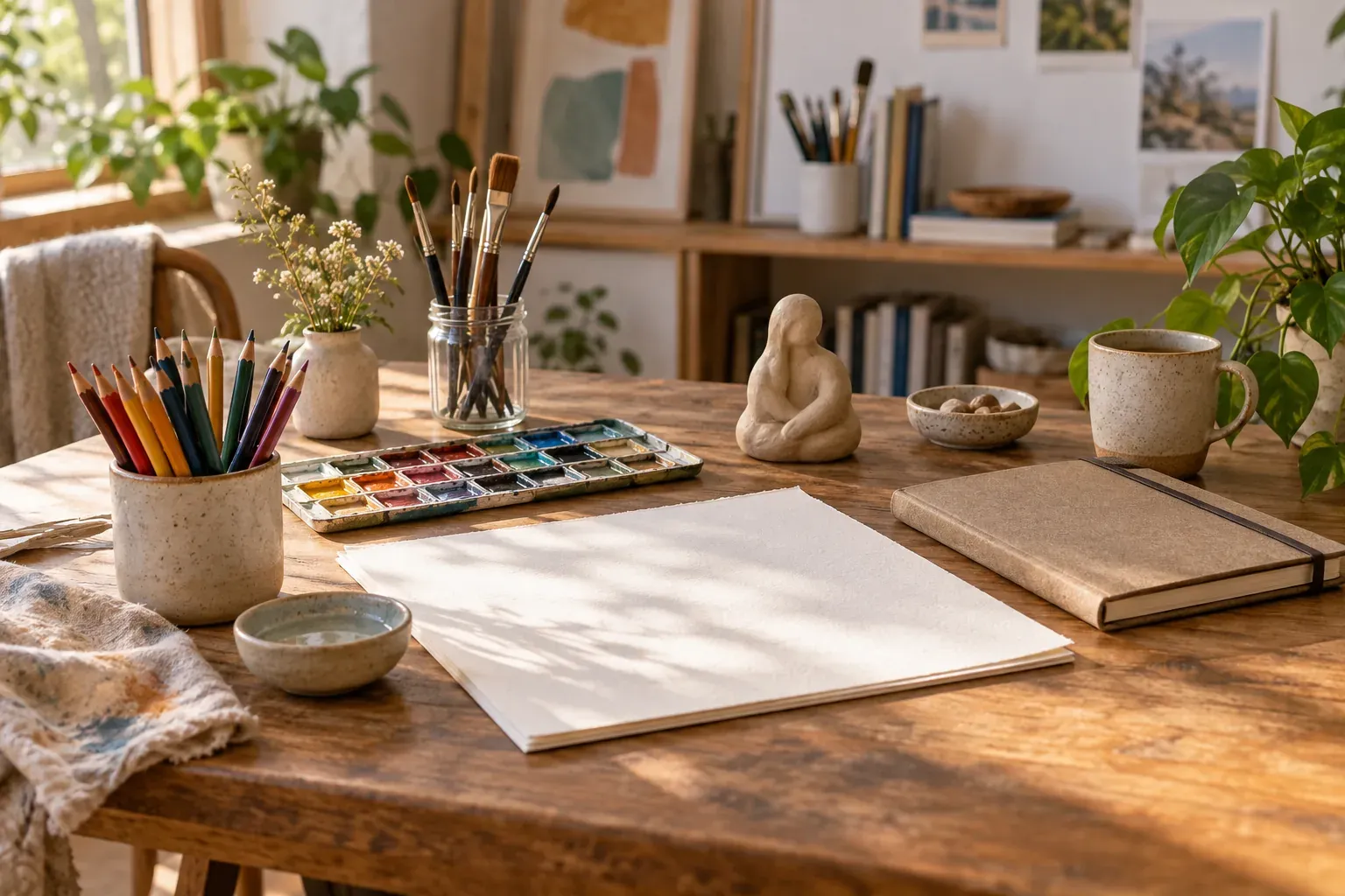 Brushes, pencils, watercolours, blank paper and a closed notebook on a studio table