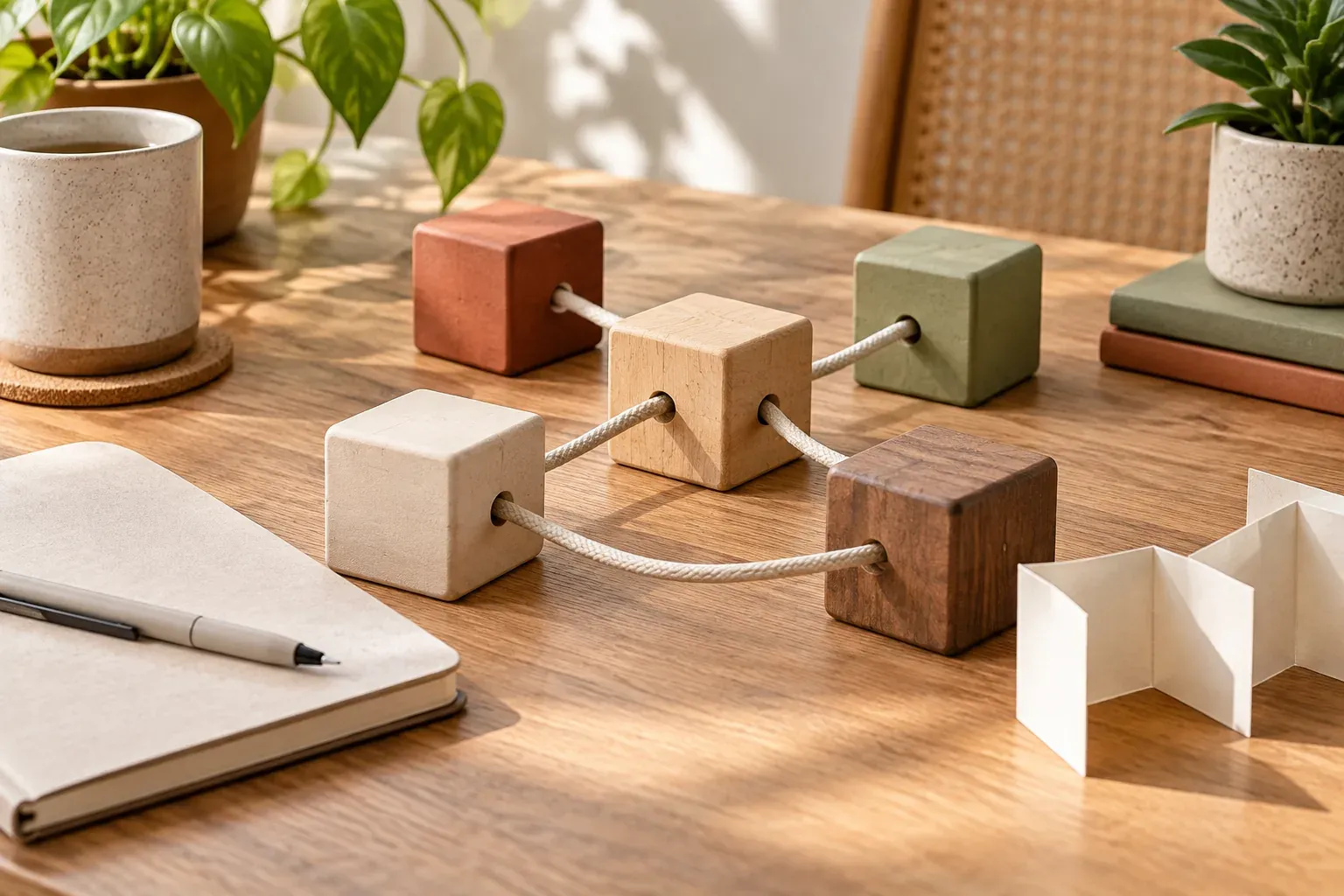 Five wooden blocks connected with cord beside a notebook and pen on a desk