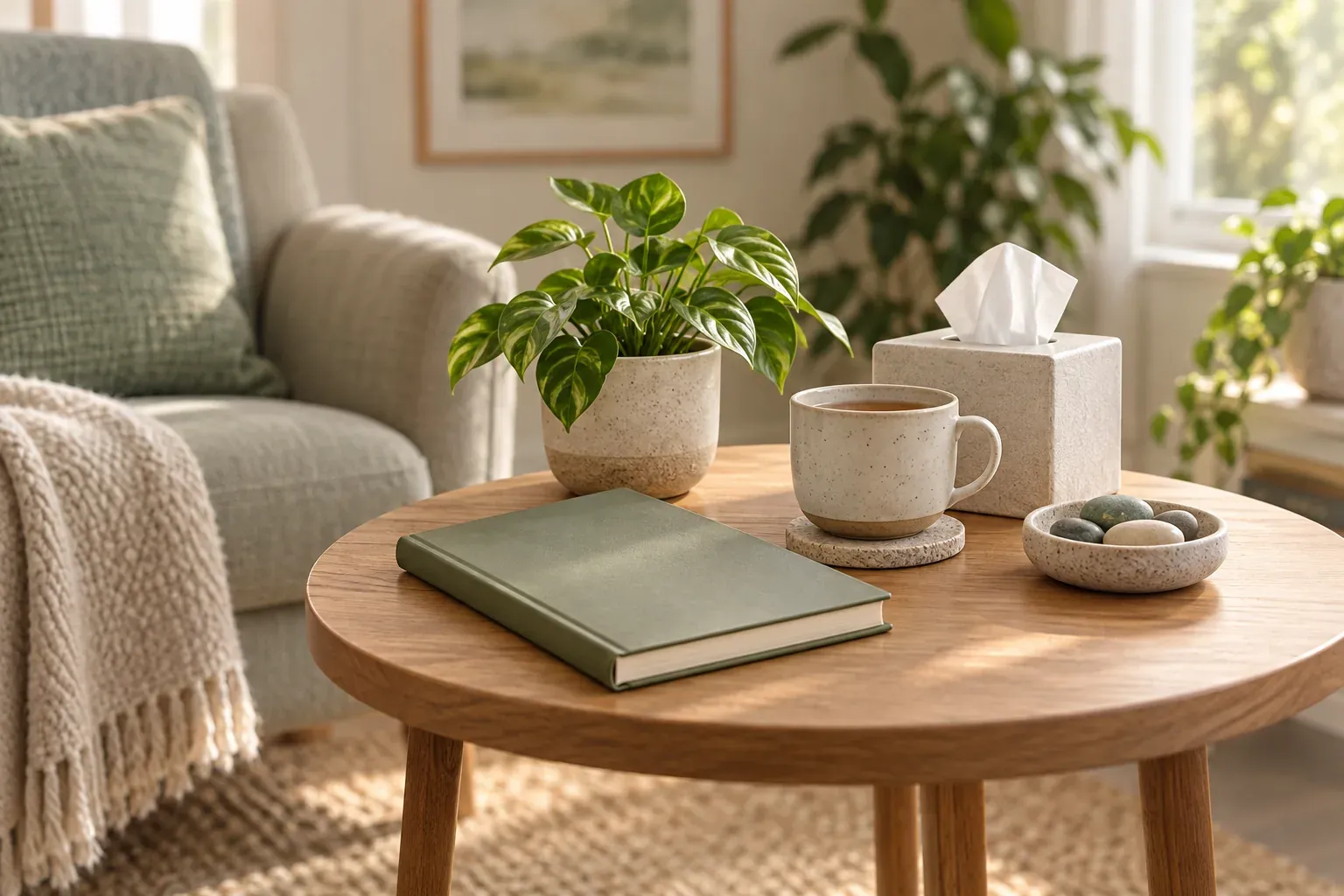 An armchair with a blanket, a closed notebook, cup, plant and tissue box on a round table