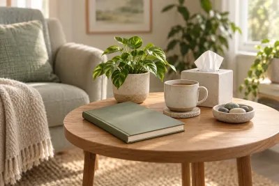 An armchair with a blanket, a closed notebook, cup, plant and tissue box on a round table
