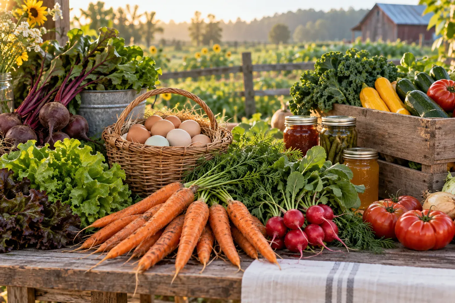Fresh vegetables, a basket of eggs and jars of preserves on a wooden counter by a farm