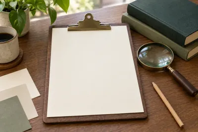 A blank sheet on a clipboard, magnifying glass, pencil and books on a wooden desk