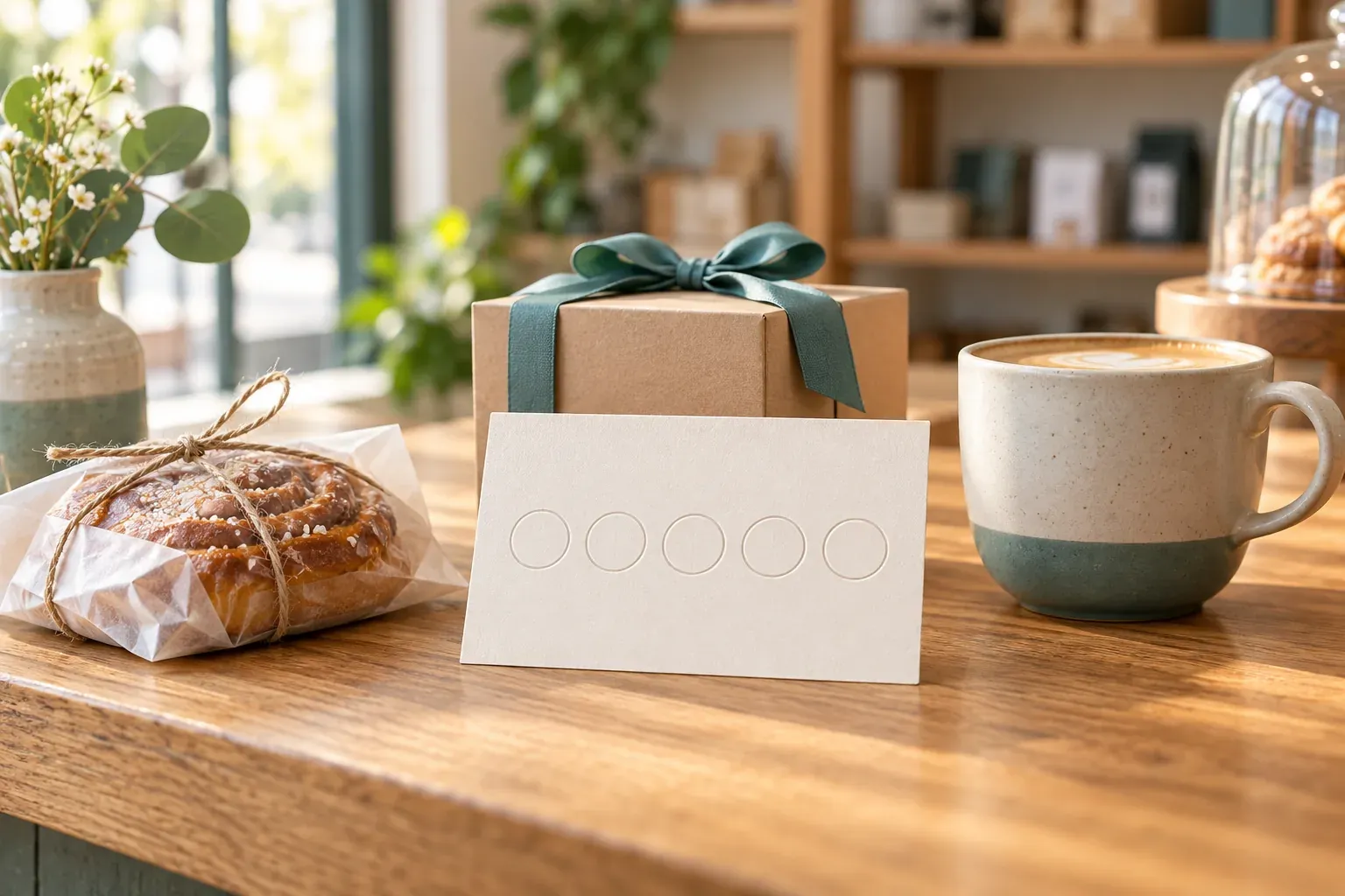 A blank rewards card beside a gift box, pastry and cup