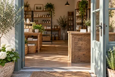 An open shop door and a prepared product display in morning light