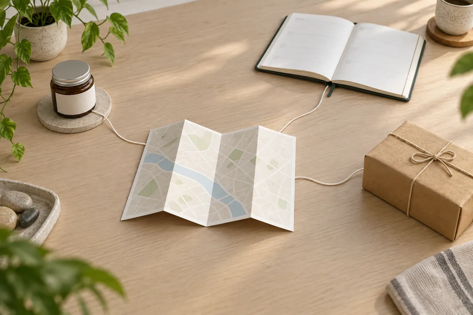 A folded paper map linked by thread to a planner and parcel