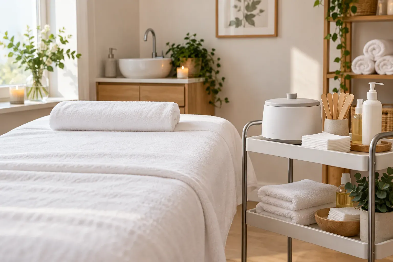 A treatment bed with white towels and a supply trolley in a sugaring studio