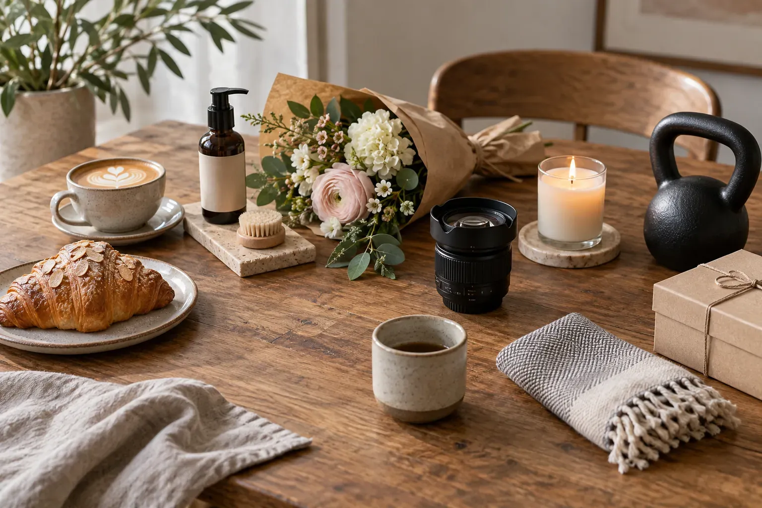 Coffee, a pastry, flowers, a candle, a lens, a kettlebell and a gift box on a worktable