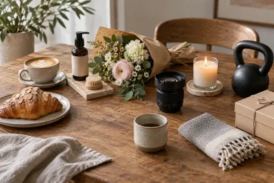 Coffee, a pastry, flowers, a candle, a lens, a kettlebell and a gift box on a worktable