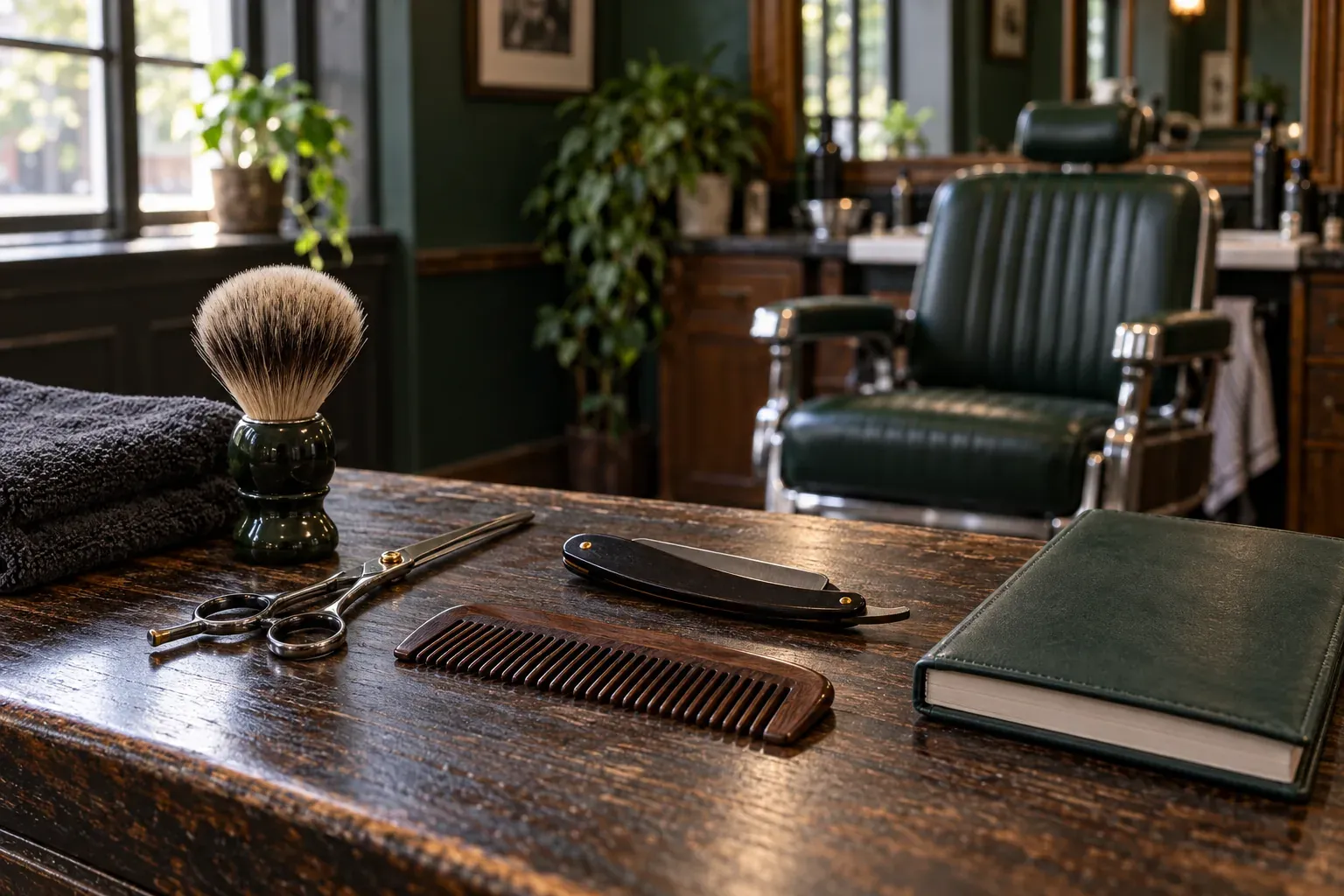 Shaving brush and towels on a wooden counter with a green barber chair in front of a mirror