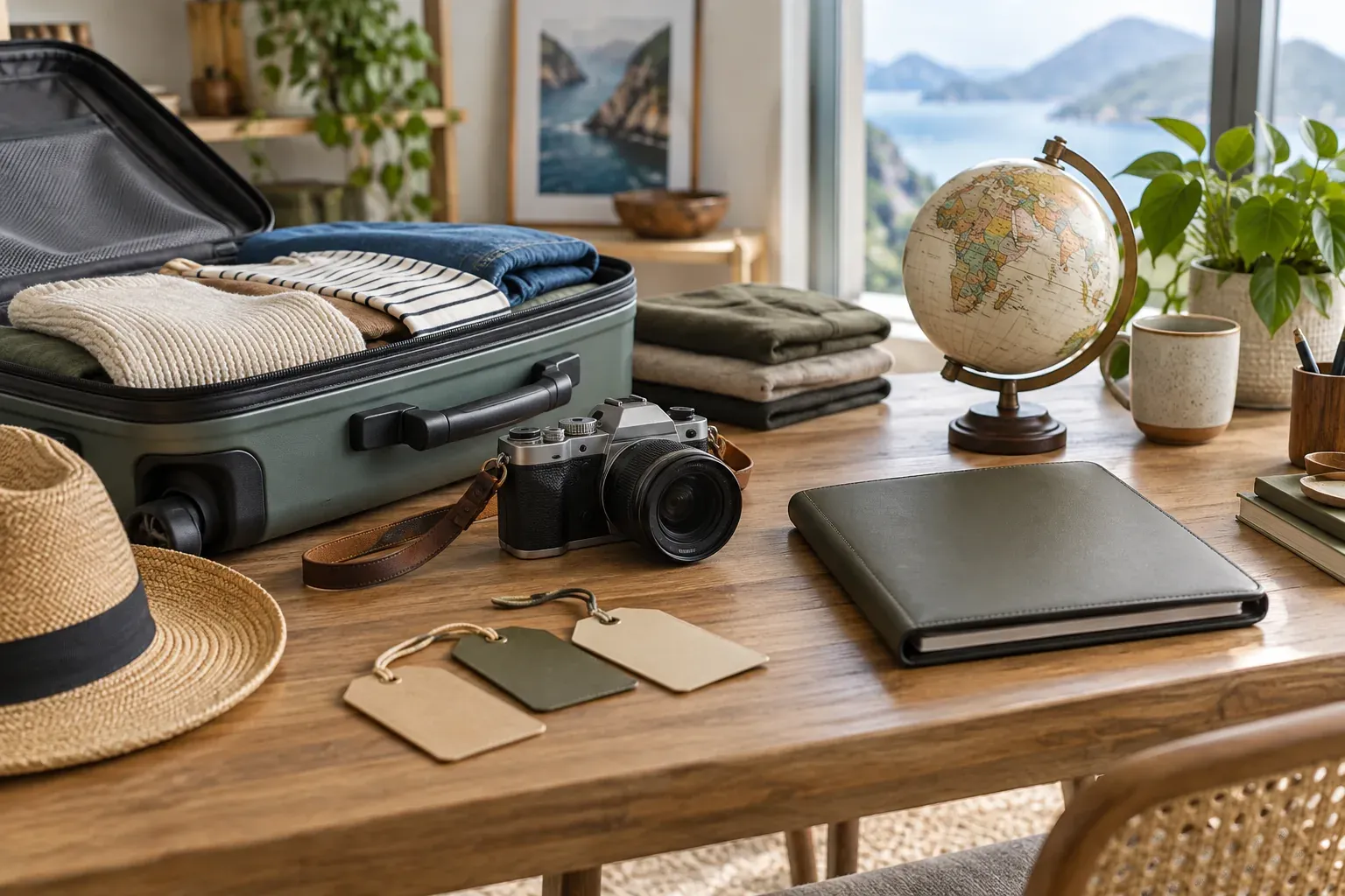 An open suitcase, camera, globe and closed folder on a table before a trip