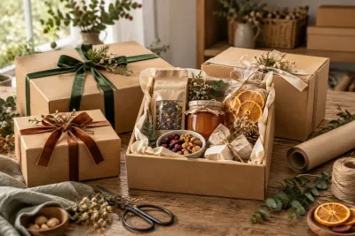 An open gift box with tea, a jar and treats beside ribbon-tied boxes and wrapping paper