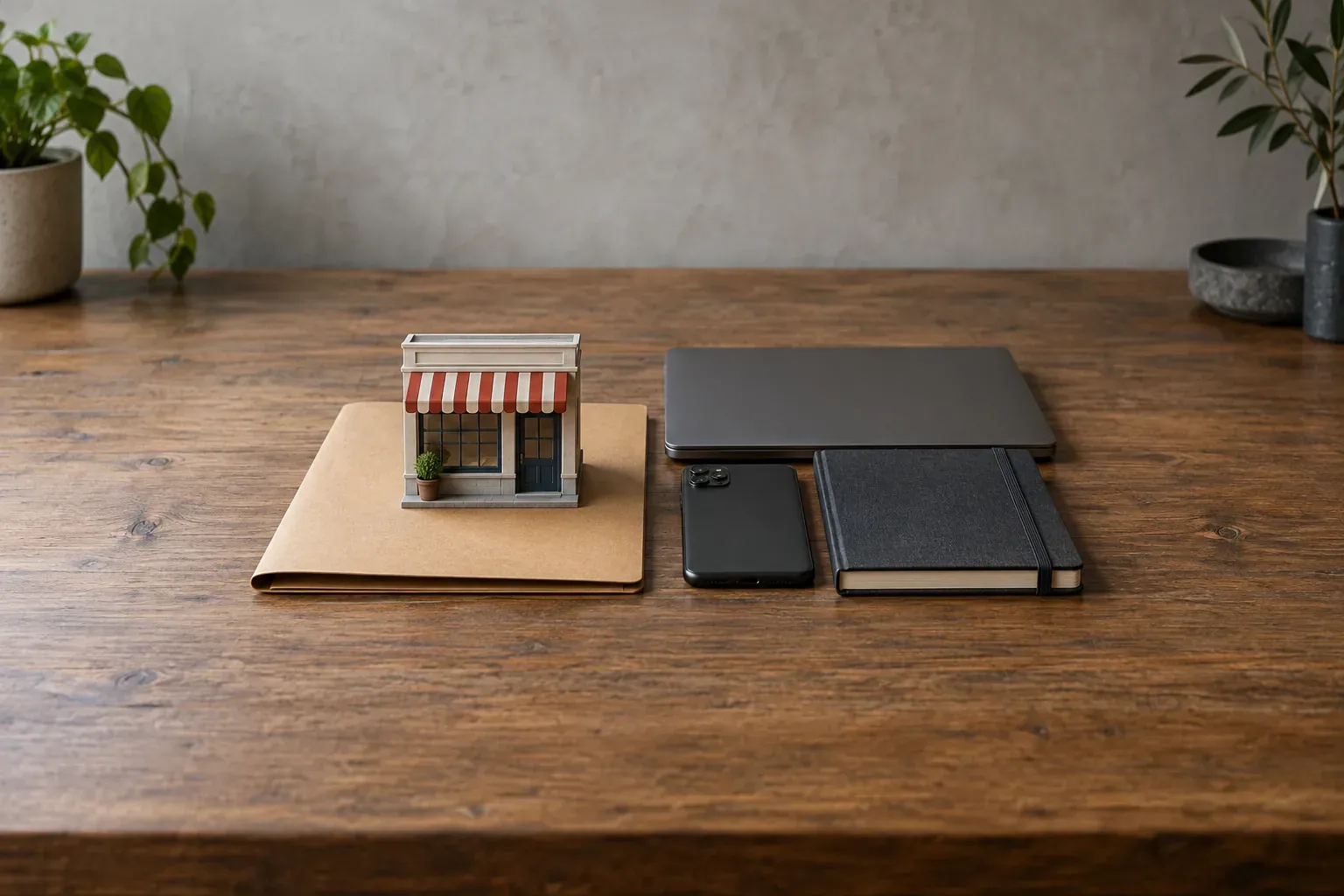 A model shop on a folder beside a laptop, phone and black notebook on a wooden desk