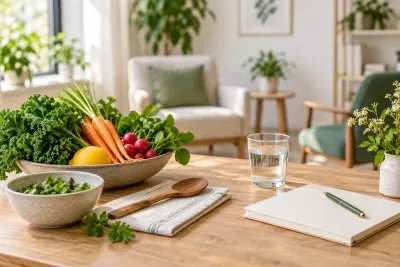 Vegetables in a bowl, a glass of water and a notebook on a table in front of consultation chairs