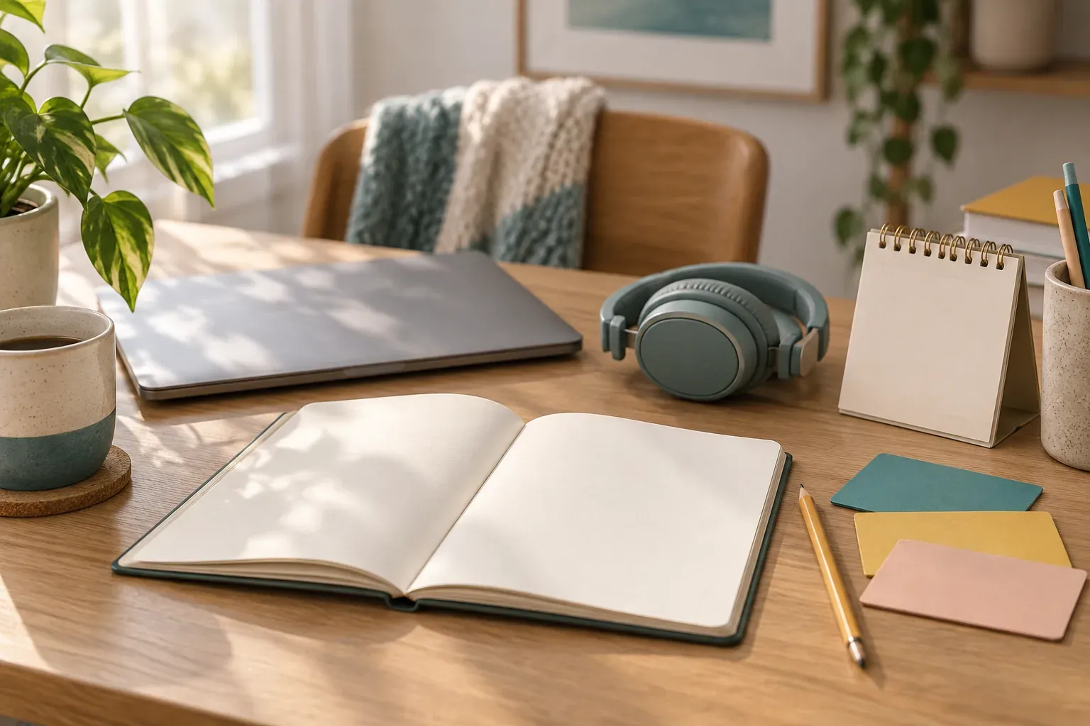 An open blank notebook, headphones, a closed laptop and a coffee cup on a desk