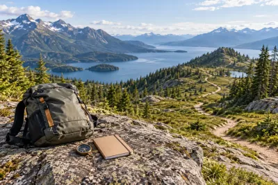 A daypack, compass and notebook on a rock beside a mountain trail overlooking a lake