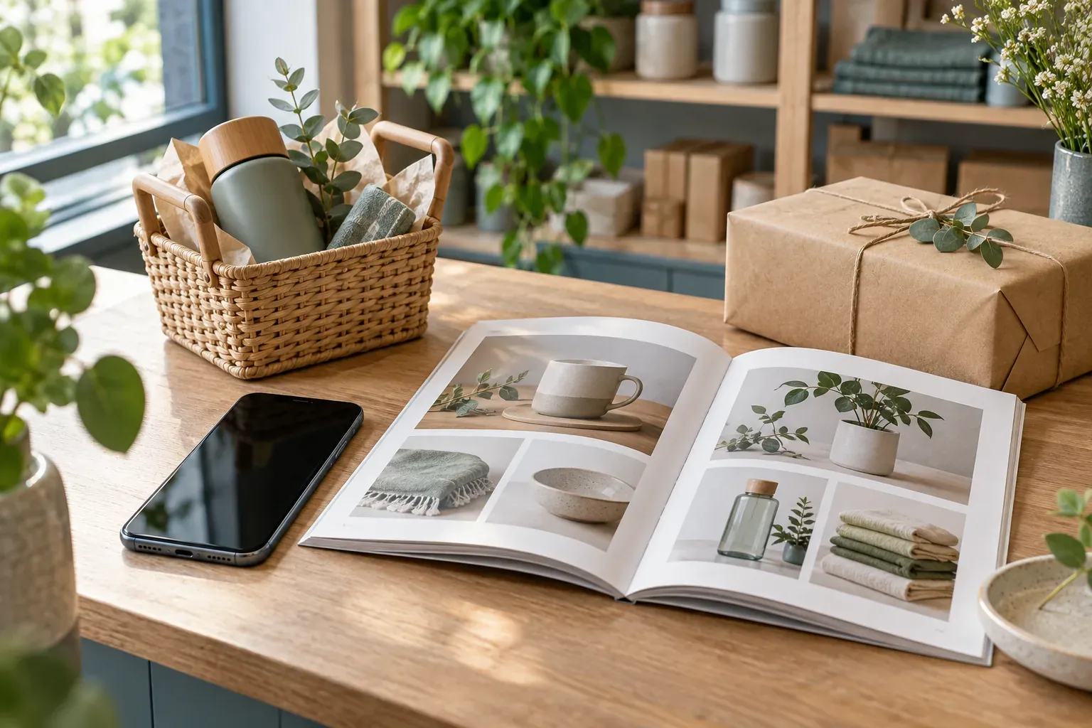 A dark-screen phone, open catalogue, basket and parcel on a shop counter