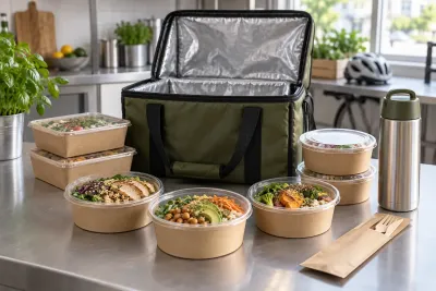 An open insulated bag, packed meal containers, a flask and wooden cutlery on a food prep counter