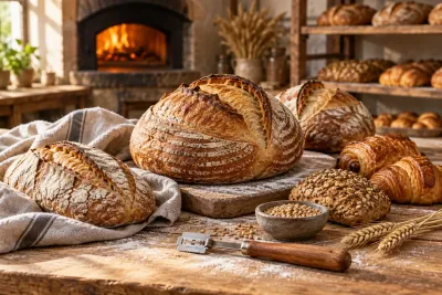 Bread loaves and croissants on a wooden workbench, grain and a scoring blade, with a hot oven behind them