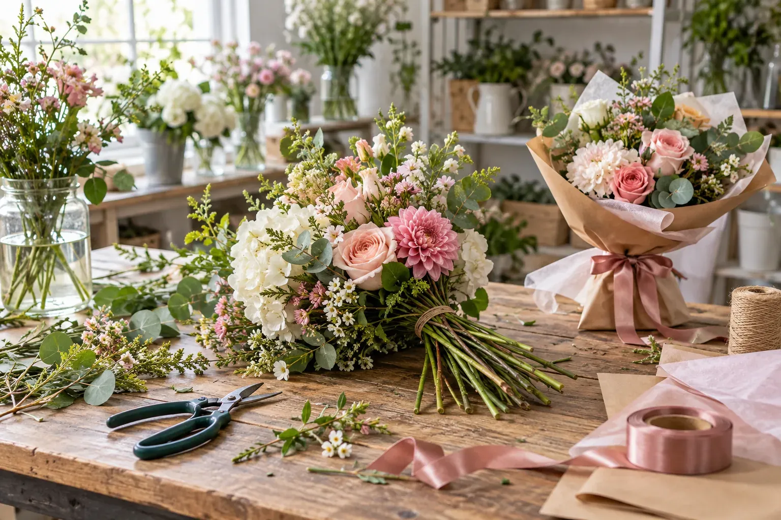 Pink and white bouquets, stems, shears and wrapping paper on a florist's workbench