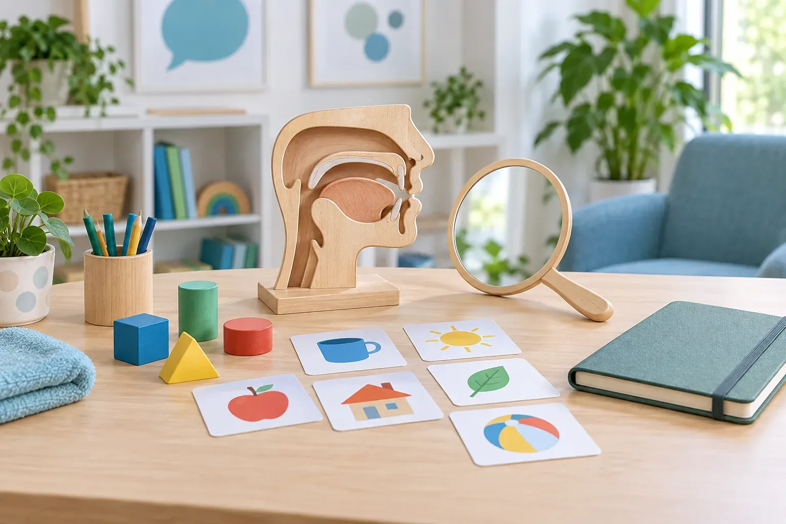 A wooden speech anatomy model, mirror and picture cards on a desk in a consulting room