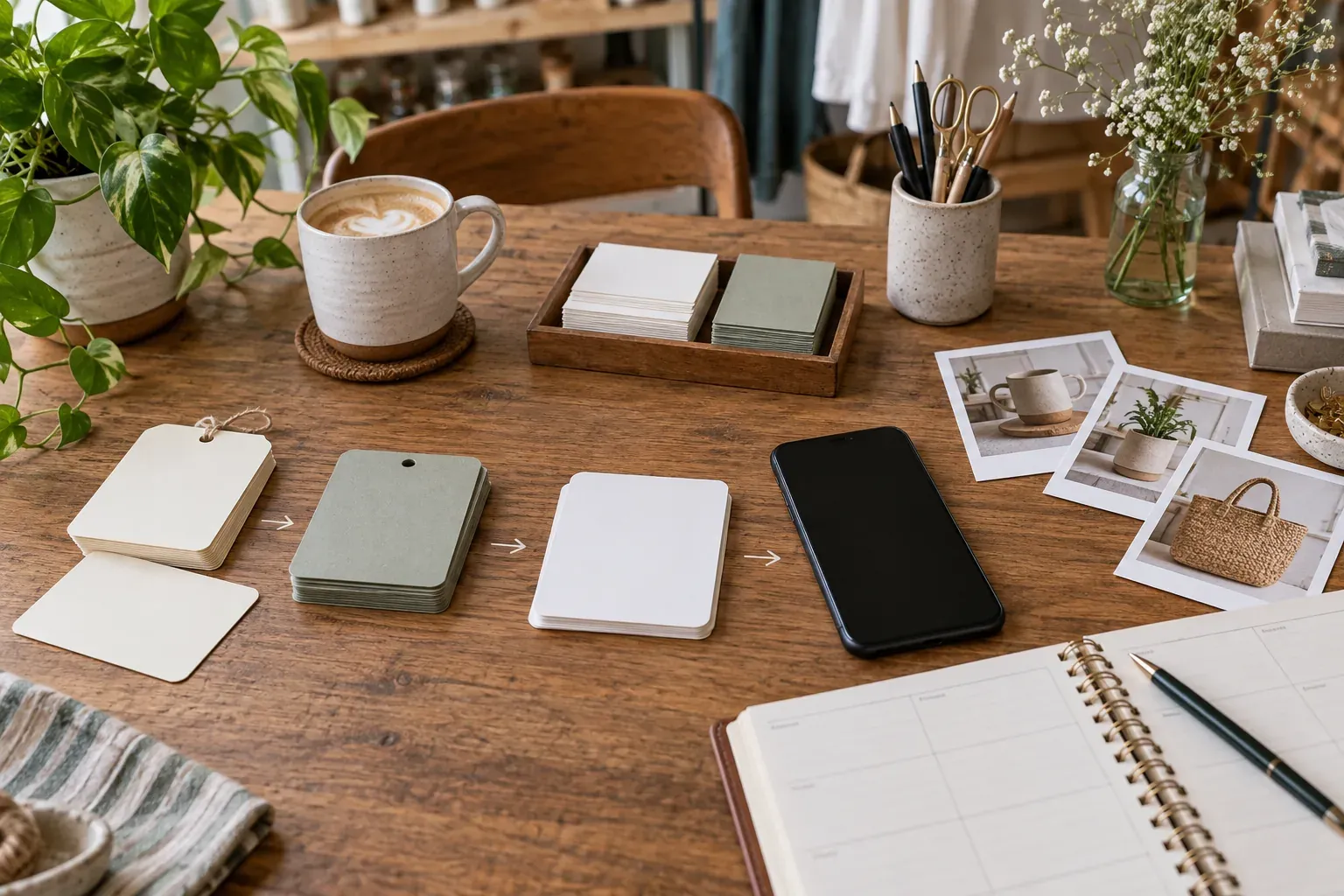 Blank enquiry cards, a phone with its screen off and a planner on a work desk