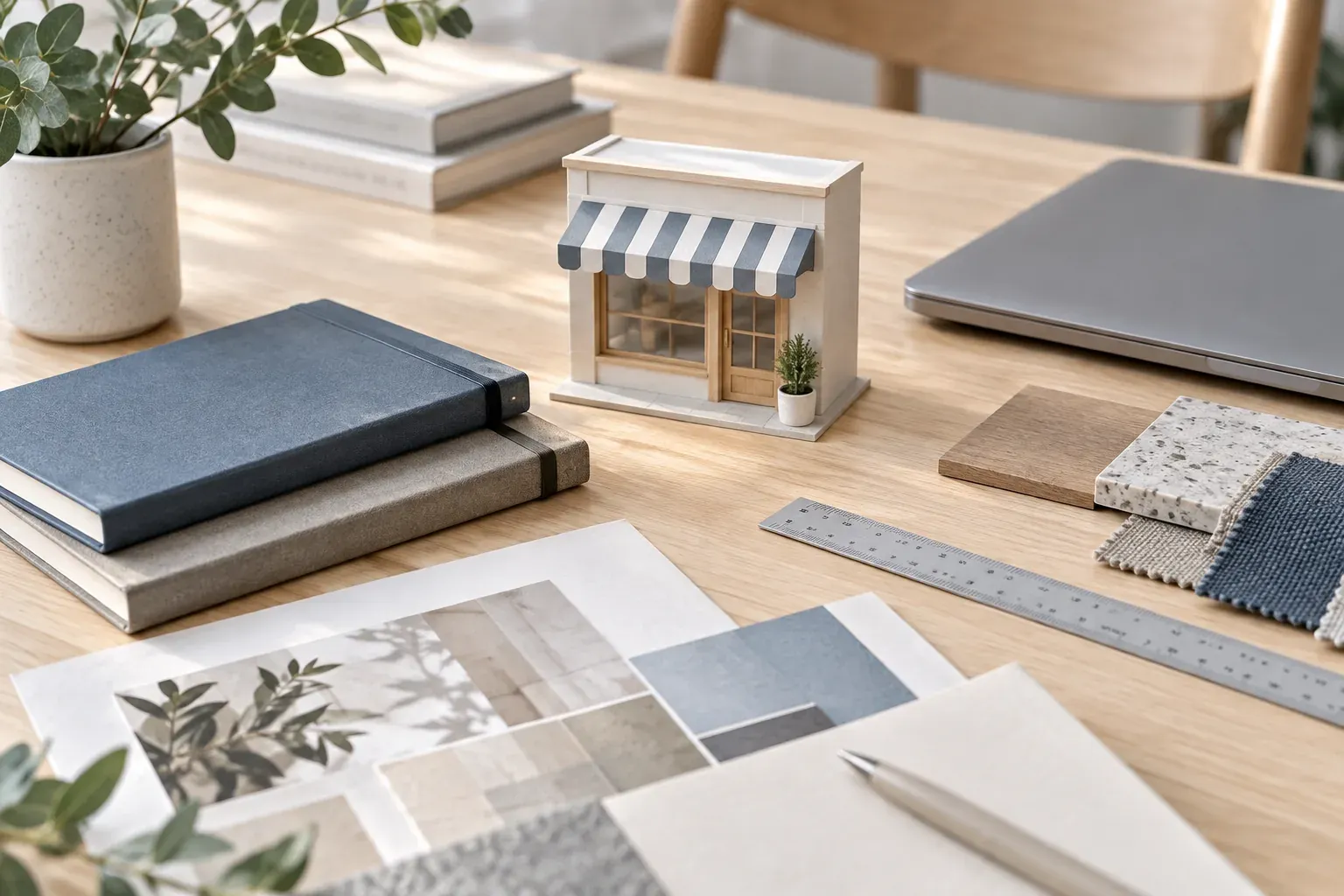 A miniature storefront, laptop, notebooks and material samples on a work table