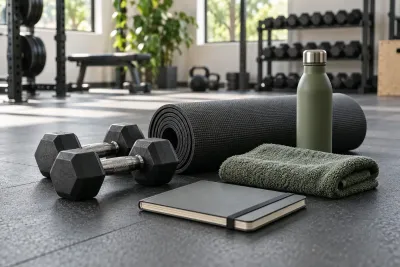 Dumbbells, a rolled mat, bottle, towel and closed notebook on a training studio floor